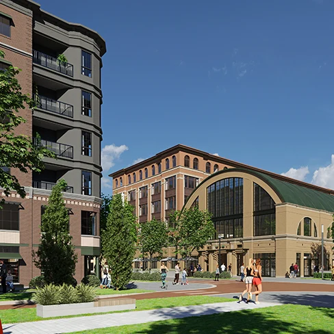 Corner of Monon Square Apartments' entrance