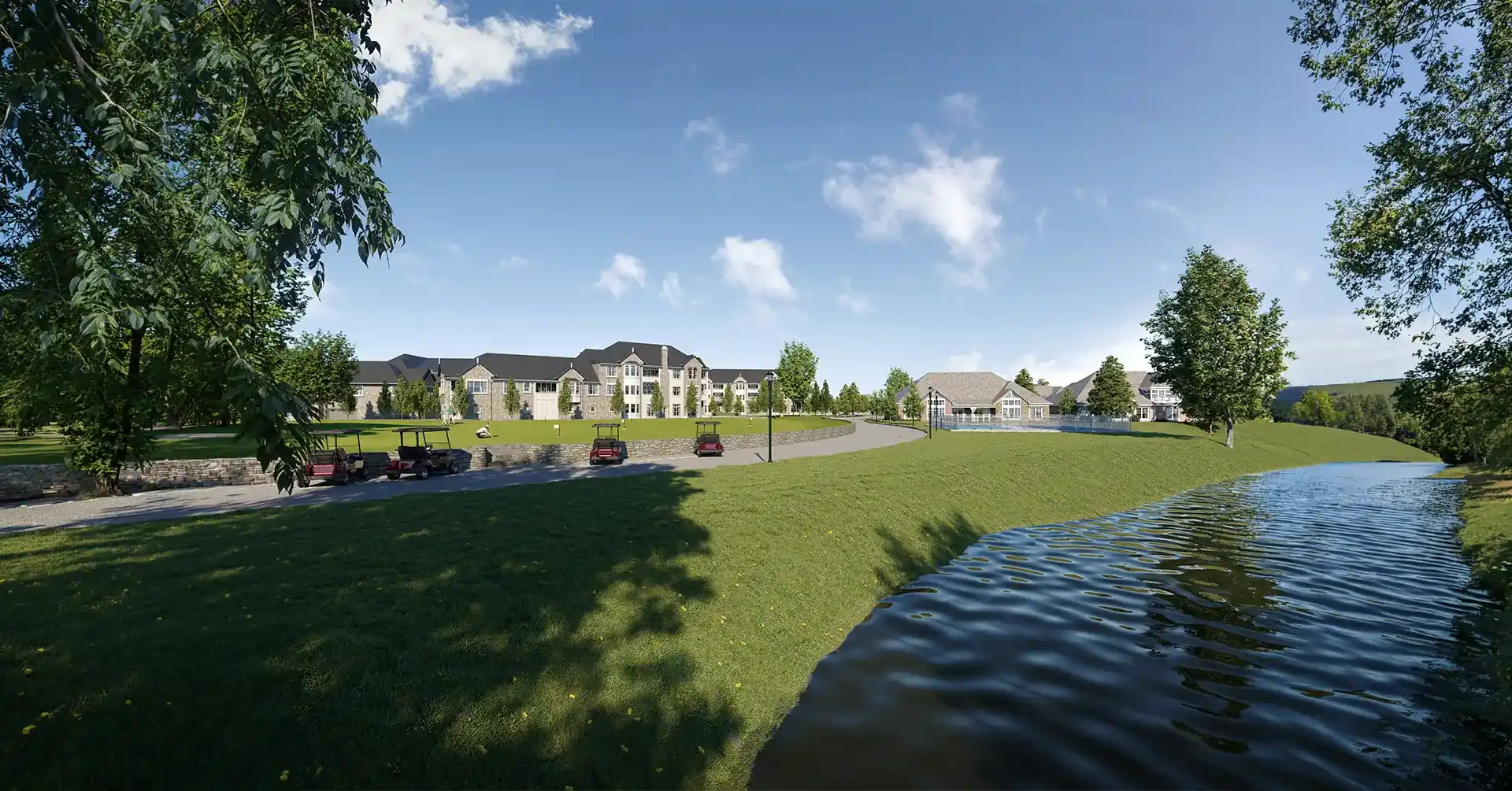 Exterior of golfing range behind Gray Eagle Apartments